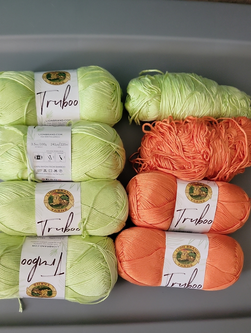 Lion Brand Truboo Yarn - Celery Green and Tangerine Orange - Soft Bamboo Blend